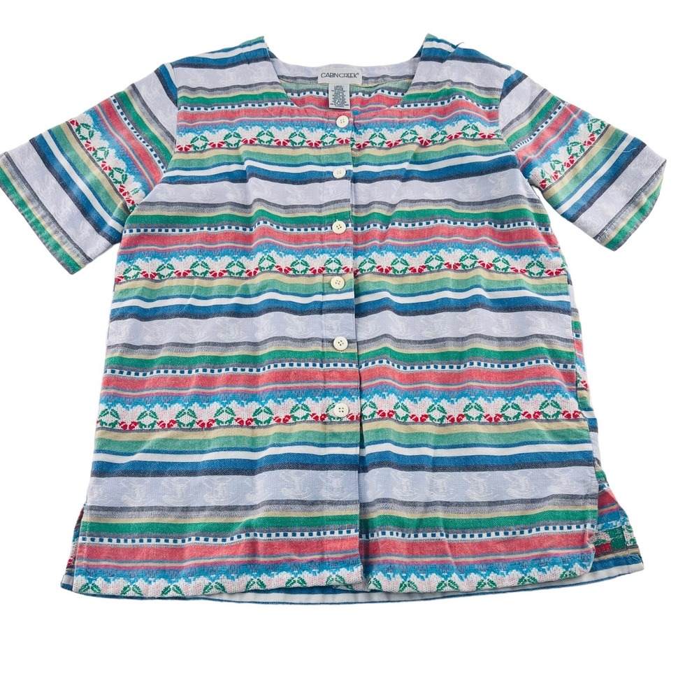Cabin Creek Vintage Blouse Fair Isle Women's size Large Short Sleeves colorful‎